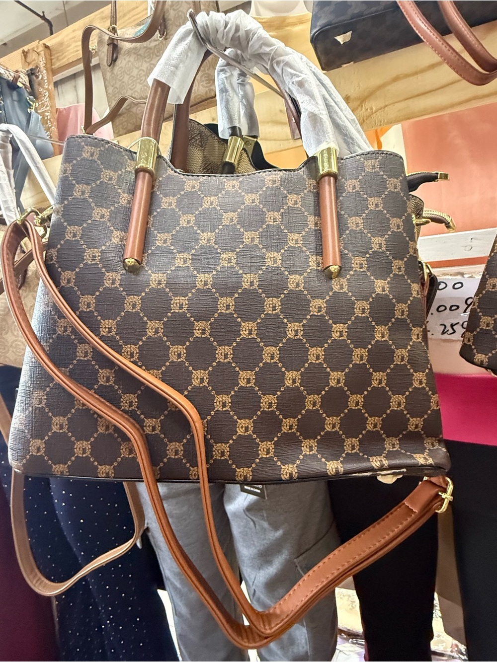 Brown Patterned Tote Bag with Adjustable Strap